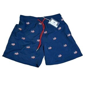Southern Tide Skipjack Men’s Swim Trunks Small Patriotic American Flag Fish NEW